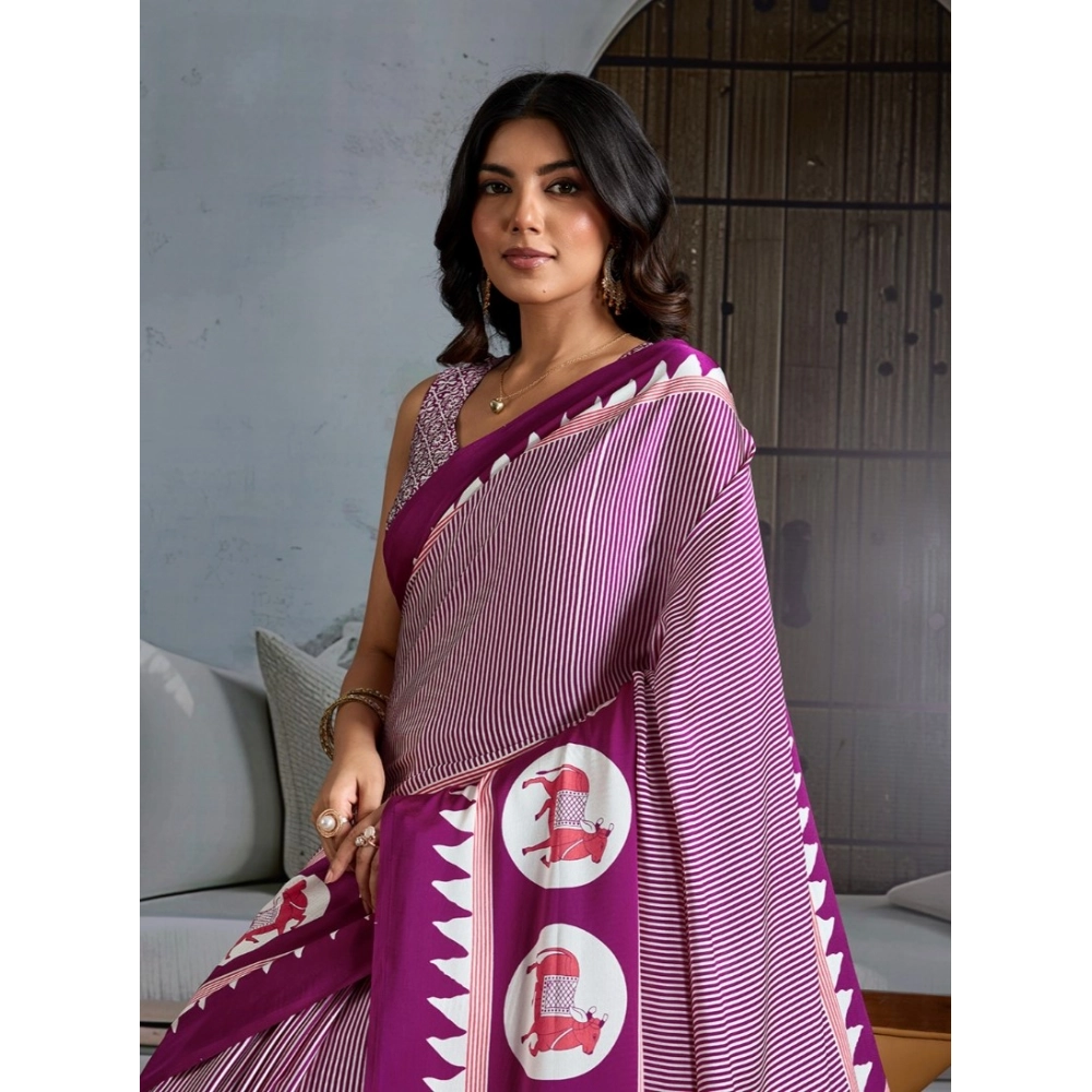 Women's Satin Crepe Printed Saree With Unstitched Blouse 5.5Mtr (Purple)