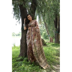 Generic Women's Faux_Tussar_Silk Abstract_Print Saree With Unstitched Blouse 5.5Mtr (Brown)
