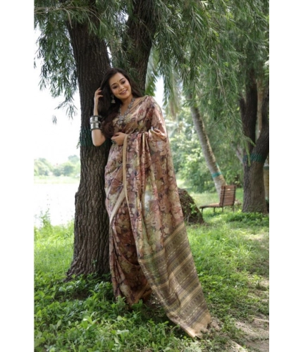 Generic Women's Faux_Tussar_Silk Abstract_Print Saree With Unstitched Blouse 5.5Mtr (Brown)