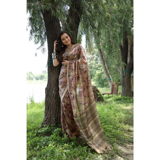 Generic Women's Faux_Tussar_Silk Abstract_Print Saree With Unstitched Blouse 5.5Mtr (Brown) Generic Women's Faux_Tussar_Silk Abstract_Print Saree With Unstitched Blouse 5.5Mtr (Brown)