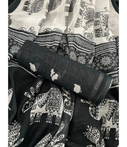 Generic Women's Linen Cotton Printed Saree With Unstitched Blouse 5.5Mtr (Black) Generic Women's Linen Cotton Printed Saree With Unstitched Blouse 5.5Mtr (Black)