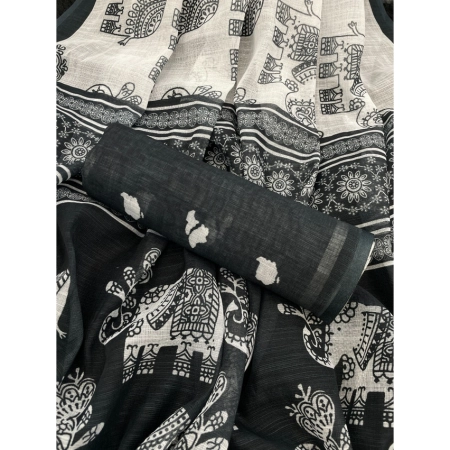 Generic Women's Linen Cotton Printed Saree With Unstitched Blouse 5.5Mtr (Black)