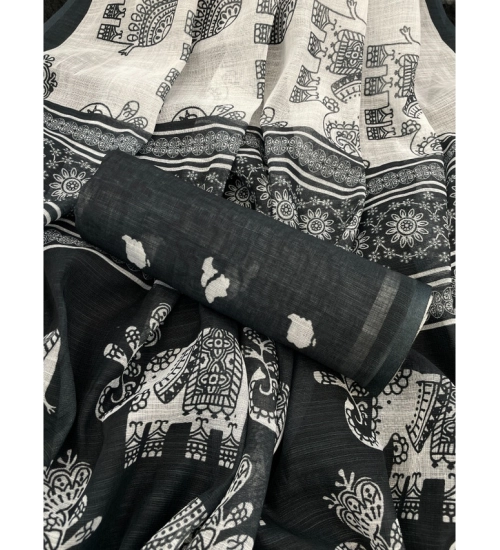 Generic Women's Linen Cotton Printed Saree With Unstitched Blouse 5.5Mtr (Black)