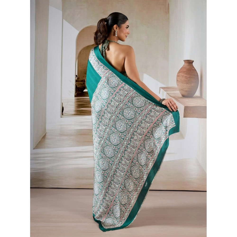 Generic Women's Satin Crepe Printed Saree With Unstitched Blouse 5.5Mtr (Green)
