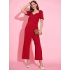 Generic Women's Polyester Lycra Solid Puff Sleeve Jumpsuit (Red)