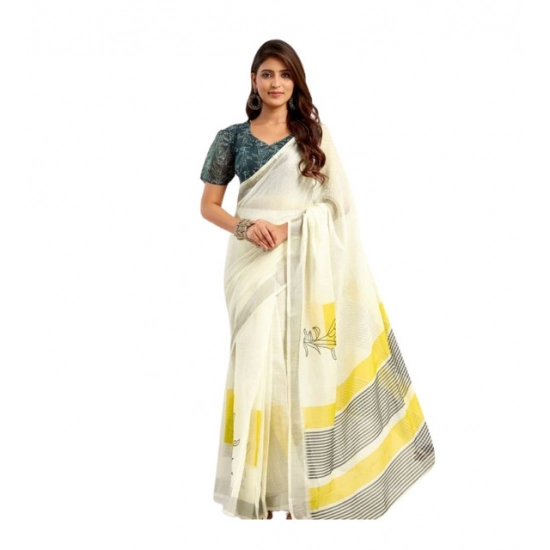 Generic Women's Linen Cotton Printed Ready To Wear Saree With Unstitched Blouse 5.5 Mtr (Off_White)