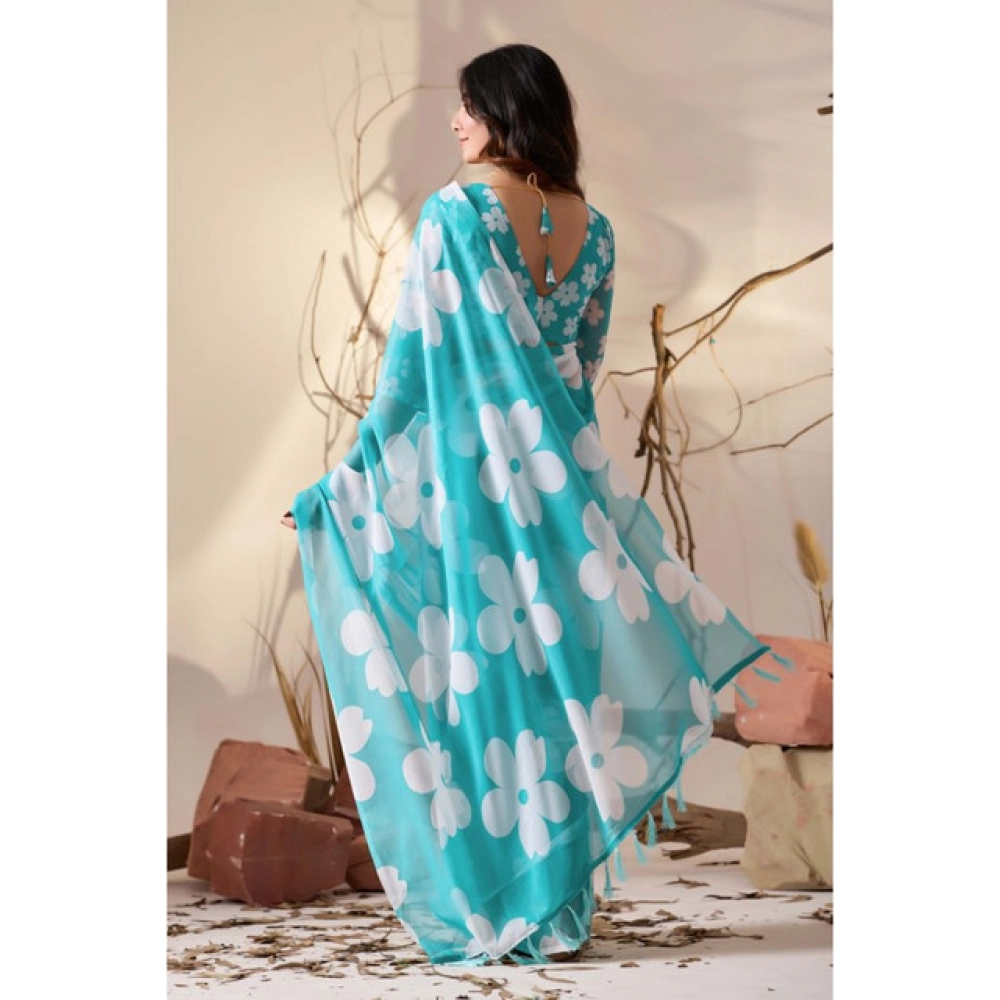 Generic Women's Georgette Printed Saree With Unstitched Blouse 5.5Mtr (Aqua_Blue)