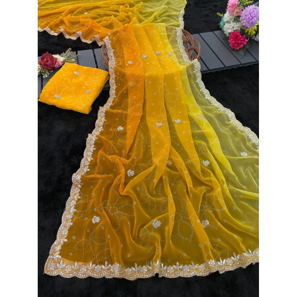 Generic Women's Digital Printed  Georgette Saree With Unstitched Blouse (Yellow, 5-6 Mtrs)