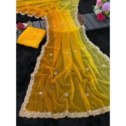 Generic Women's Digital Printed  Georgette Saree With Unstitched Blouse (Yellow, 5-6 Mtrs)