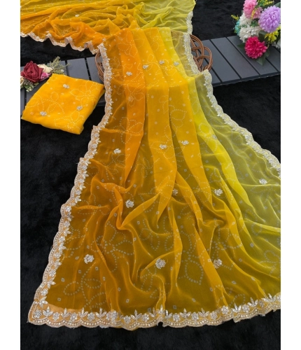 Generic Women's Digital Printed  Georgette Saree With Unstitched Blouse (Yellow, 5-6 Mtrs)