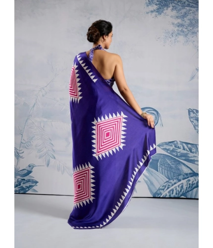 Generic Women's Satin Crepe Printed Saree With Unstitched Blouse 5.5Mtr (Purple)