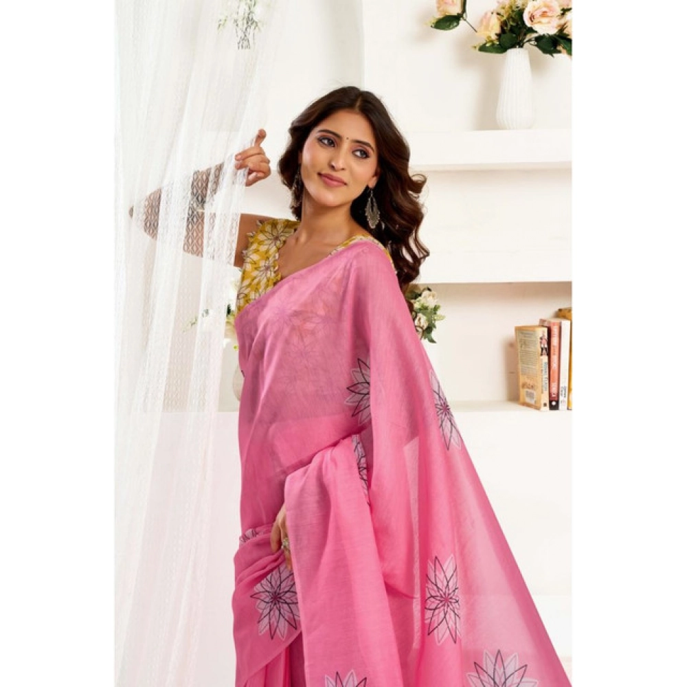 Generic Women's Linen Cotton Printed Ready To Wear Saree With Unstitched Blouse 5.5 Mtr (Pink)