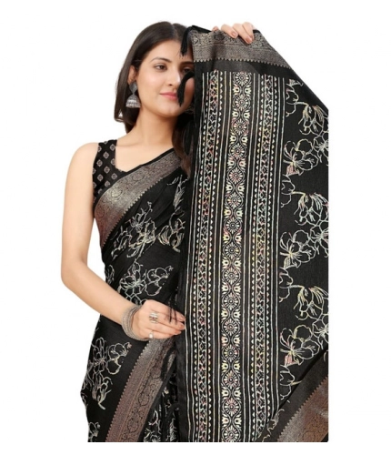 Generic Women's Cotton Silk Floral Printed Saree With Unstitched Blouse 5.5Mtr (Black)