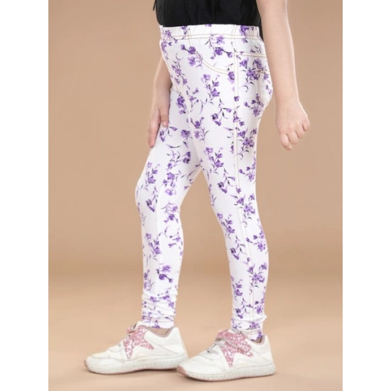 Generic Girl's Cotton Lycra Floral Elasticated Jeggings (White-Lavender)