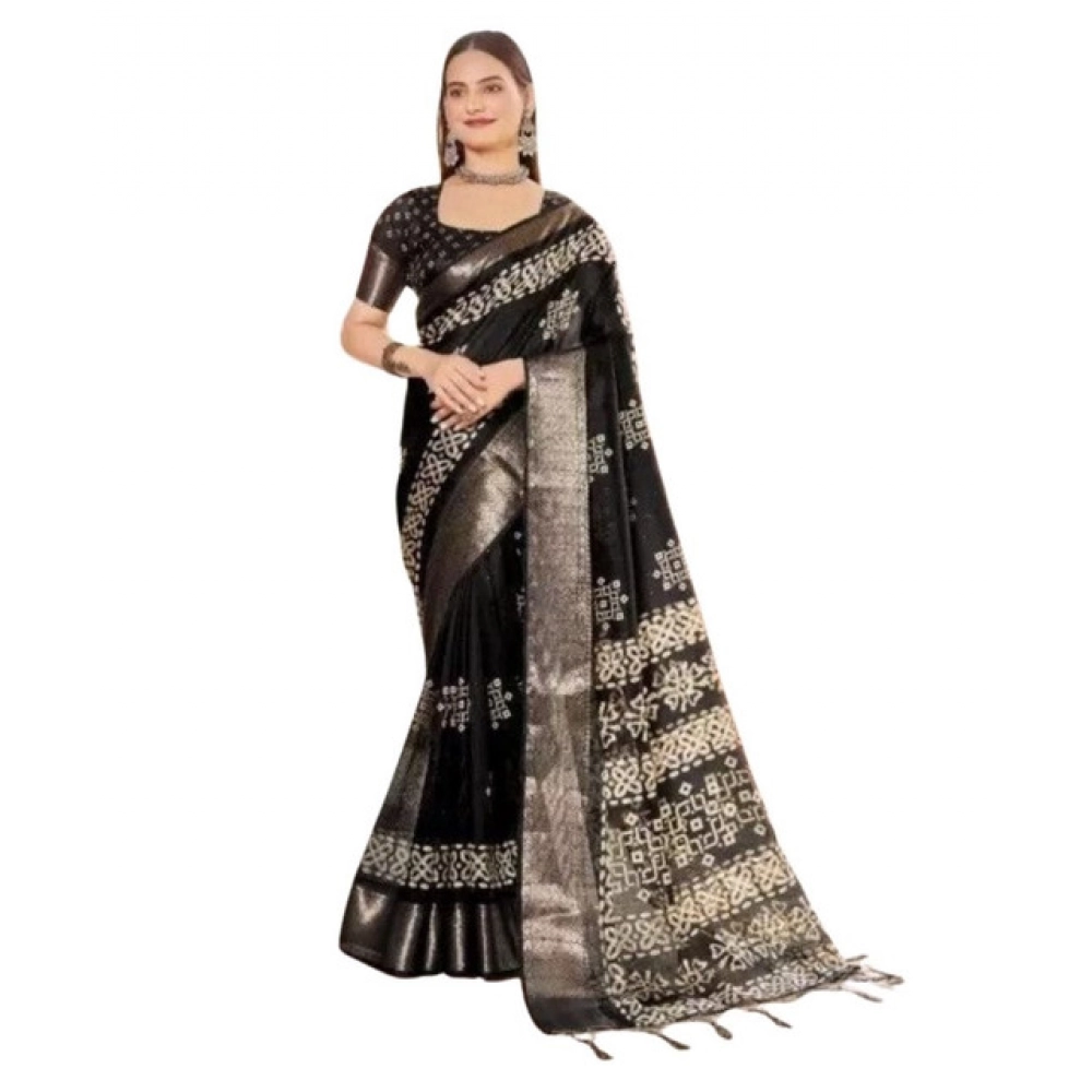 Generic Women's Cotton Silk Printed Saree With Unstitched Blouse 5.5Mtr (Black)