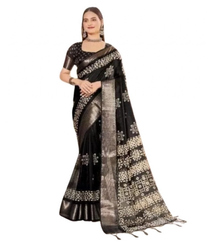 Generic Women's Cotton Silk Printed Saree With Unstitched Blouse 5.5Mtr (Black)