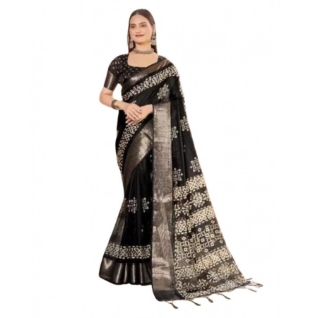 Generic Women's Cotton Silk Printed Saree With Unstitched Blouse 5.5Mtr (Black)