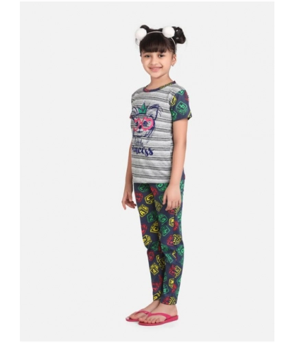 Generic Girl's Cotton Hosiery Printed Night Suit Set (Grey-Green) Generic Girl's Cotton Hosiery Printed Night Suit Set (Grey-Green)