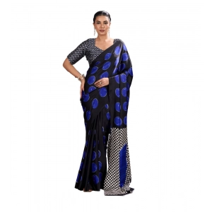 Generic Women's Satin Crepe Printed Saree With Unstitched Blouse 5.5Mtr (Blue)
