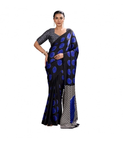 Generic Women's Satin Crepe Printed Saree With Unstitched Blouse 5.5Mtr (Blue)