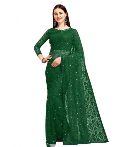 Generic Women's Net Self Design Saree With Unstitched Blouse 5.5Mtr (Green)
