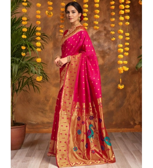 Generic Women's Silk Blend Zari Weaving Saree With Unstitched Blouse 5.5Mtr (Pink)