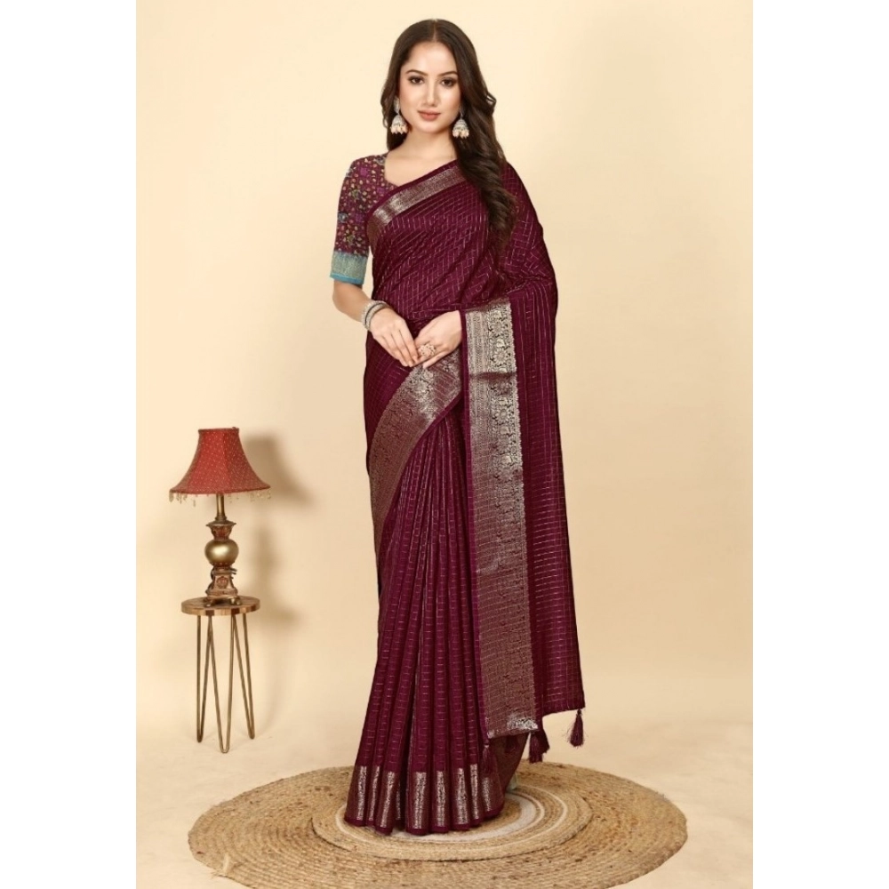 Generic Women's Cotton Blend Checkered Saree With Unstitched Blouse 5.5Mtr (Maroon)