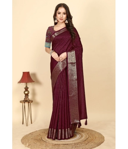 Generic Women's Cotton Blend Checkered Saree With Unstitched Blouse 5.5Mtr (Maroon)