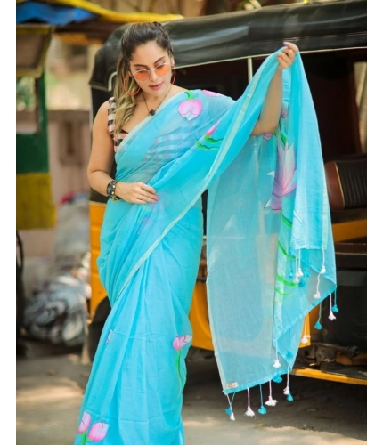 Generic Women's Linen Printed Saree With Unstitched Blouse 5.5Mtr (light Blue)