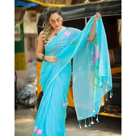 Generic Women's Linen Printed Saree With Unstitched Blouse 5.5Mtr (light Blue)
