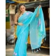 Generic Women's Linen Printed Saree With Unstitched Blouse 5.5Mtr (light Blue)