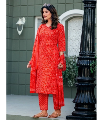 Generic Women's Cotton Blend Printed Kurti With Pant Dupatta Set (Orange)