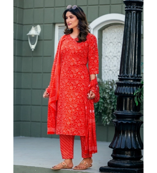 Generic Women's Cotton Blend Printed Kurti With Pant Dupatta Set (Orange)