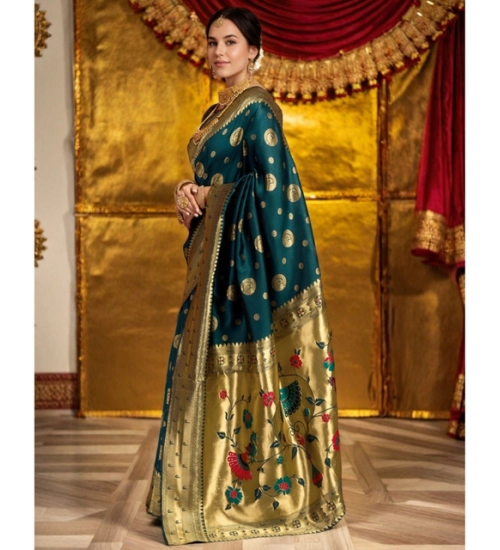 Generic Women's Silk Blend Paithani Saree With Unstitched Blouse 5.5Mtr (Teal)