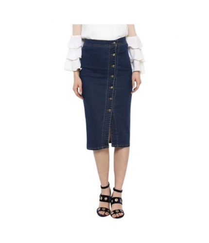 Generic Women's Denim Front Button Buttoned Skirt (Blue)