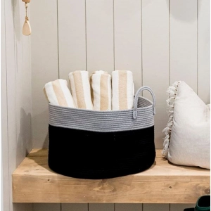 Generic Cotton Pack Of_1 14x12 Inch Laundry Storage Basket For Clothes (Grey-Black)