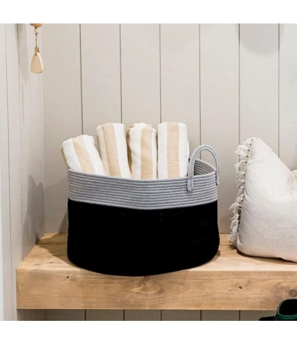 Generic Cotton Pack Of_1 14x12 Inch Laundry Storage Basket For Clothes (Grey-Black)