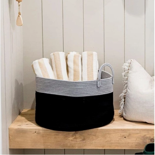 Generic Cotton Pack Of_1 14x12 Inch Laundry Storage Basket For Clothes (Grey-Black)
