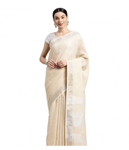 Generic Women's Linen Cotton Printed Saree With Unstitched Blouse 5.5Mtr (Cream)