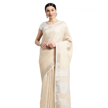 Generic Women's Linen Cotton Printed Saree With Unstitched Blouse 5.5Mtr (Cream)