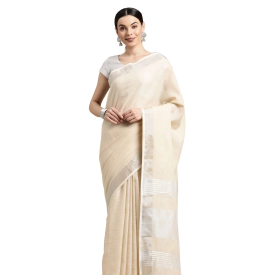Generic Women's Linen Cotton Printed Saree With Unstitched Blouse 5.5Mtr (Cream)
