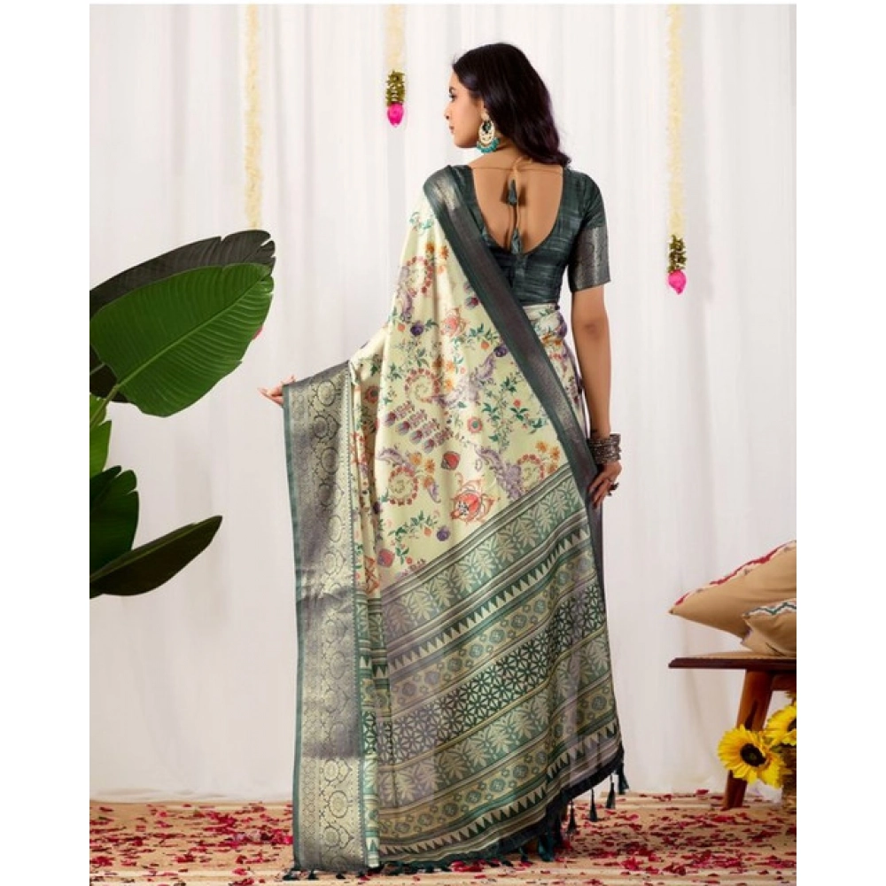 Generic Women's Faux_Silk Printed Saree With Unstitched Blouse 5.5Mtr (Off_White)