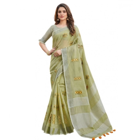Generic Women's Linen Embroidered Saree With Unstitched Blouse 5.5Mtr (Light Green)
