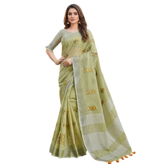 Generic Women's Linen Embroidered Saree With Unstitched Blouse 5.5Mtr (Light Green) Generic Women's Linen Embroidered Saree With Unstitched Blouse 5.5Mtr (Light Green)