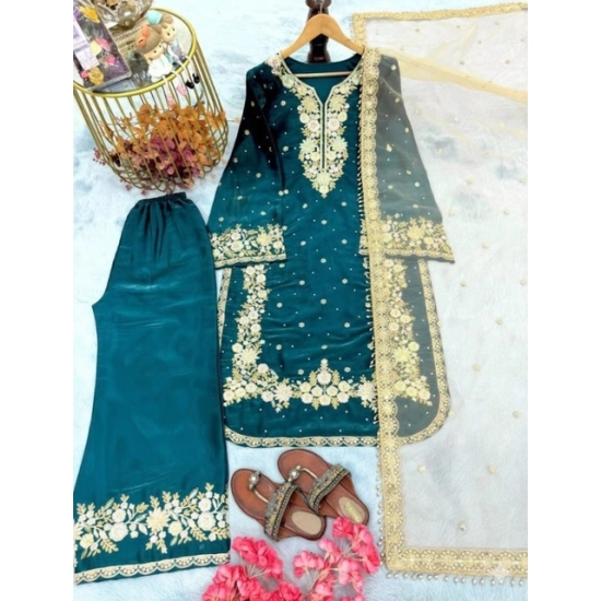 Generic Women's Silk Embroidered 3/4th Sleeve Round Kurti With Palazzo Pant and Dupatta Set (Teal) Generic Women's Silk Embroidered 3/4th Sleeve Round Kurti With Palazzo Pant and Dupatta Set (Teal)