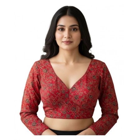 Generic Women's Ajrakh Cotton Printed V-Neck Padded Blouse (Red 38 Ready (Self Alterable 36–40)