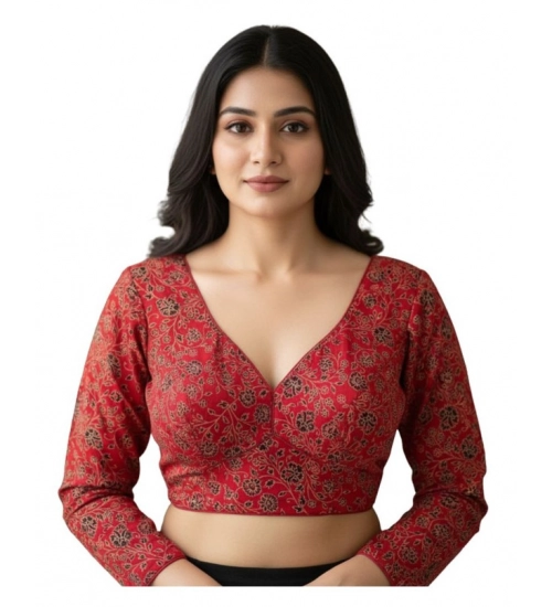Generic Women's Ajrakh Cotton Printed V-Neck Padded Blouse (Red 38 Ready (Self Alterable 36–40)