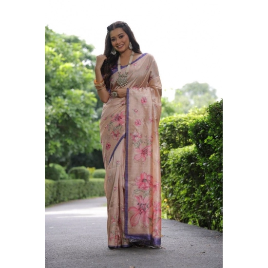 Generic Women's Faux_Tussar Floral_Print Saree With Unstitched Blouse 5.5Mtr (Beige) Generic Women's Faux_Tussar Floral_Print Saree With Unstitched Blouse 5.5Mtr (Beige)
