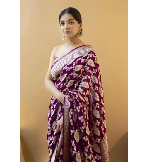 Generic Women's Soft Litchi Silk Jacquard Work Saree With Unstitched Blouse 5.5Mtr (Purple)