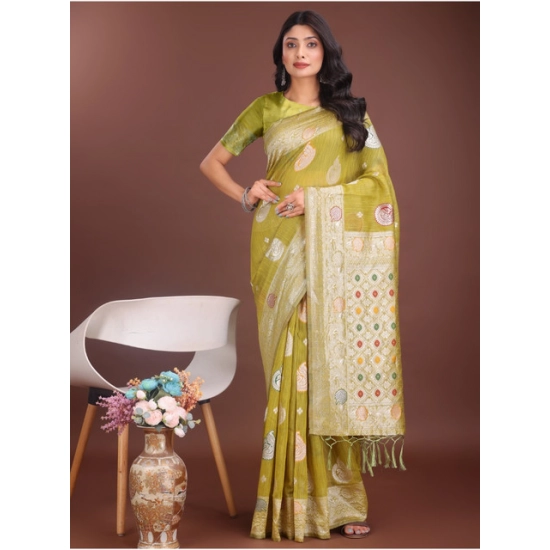 Generic Women's Linen Cotton Printed Saree With Unstitched Blouse 5.5Mtr (Mustrad)